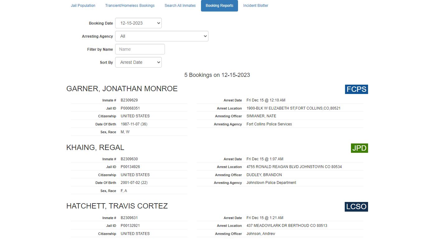 Booking Report - Larimer County Sheriff